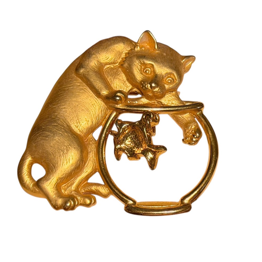 Vintage JJ Jonette Cat Fishbowl Brooch Gold Tone Dangling Fish Figural Pin